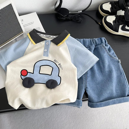 New Baby Boys Clothes Suits Summer Children 3D Cartoon Car Polo Shirt+ Denim Shorts 2Pcs/Set Infant Fashion Toddler Tracksuits