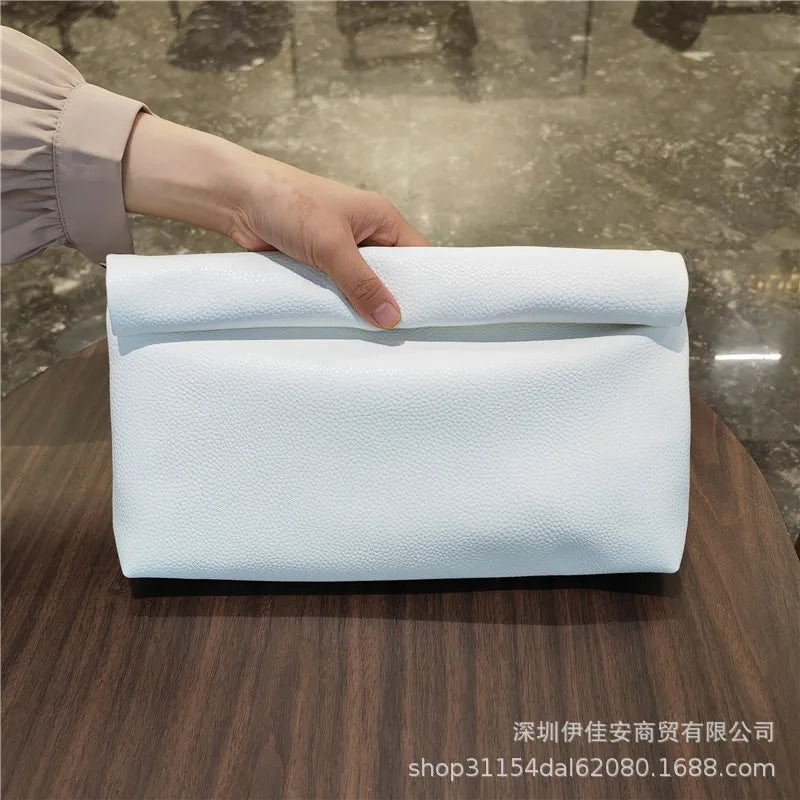 Simple Black Dull Handbag Rolled Edges Large Capacity Soft Texture Women's Casual Clutch Bag Vintage Artistic Style