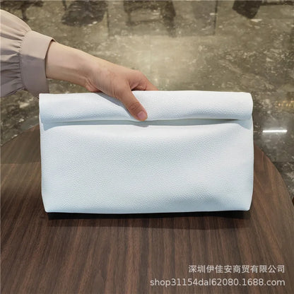 Simple Black Dull Handbag Rolled Edges Large Capacity Soft Texture Women's Casual Clutch Bag Vintage Artistic Style