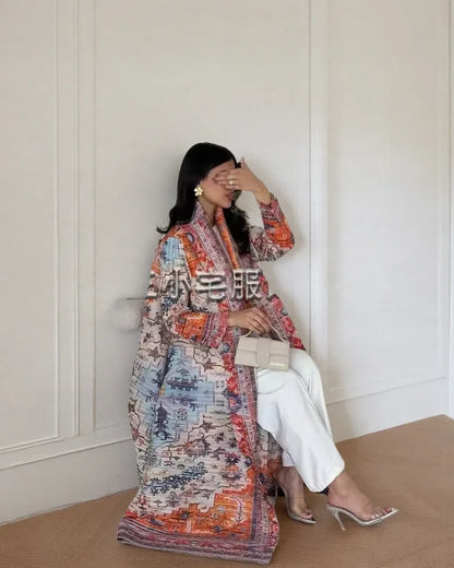 Women's Fold Miyake Pleated Abaya Long Sleeve Print Foldable Collar Robe Cardigan Coat New Winter Fashion Original Design 2026