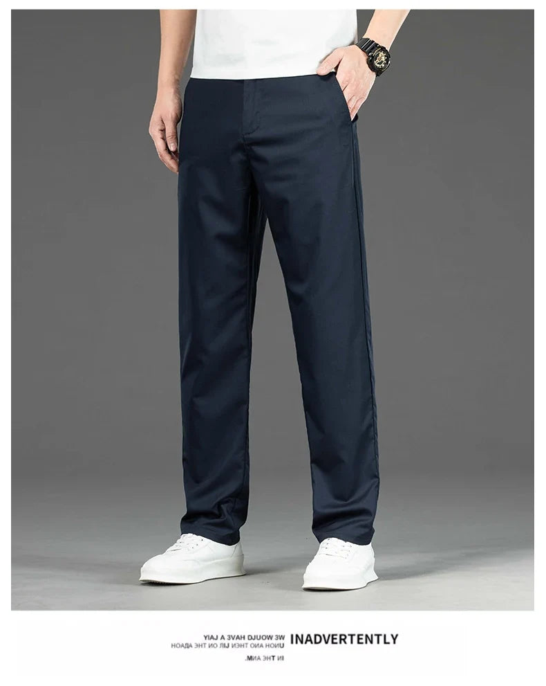 Spring Summer New Men's Casual Pants Thin Mulberry Silk Soft Business Casual Trousers Slim Straight Elastic Suit Pants Male