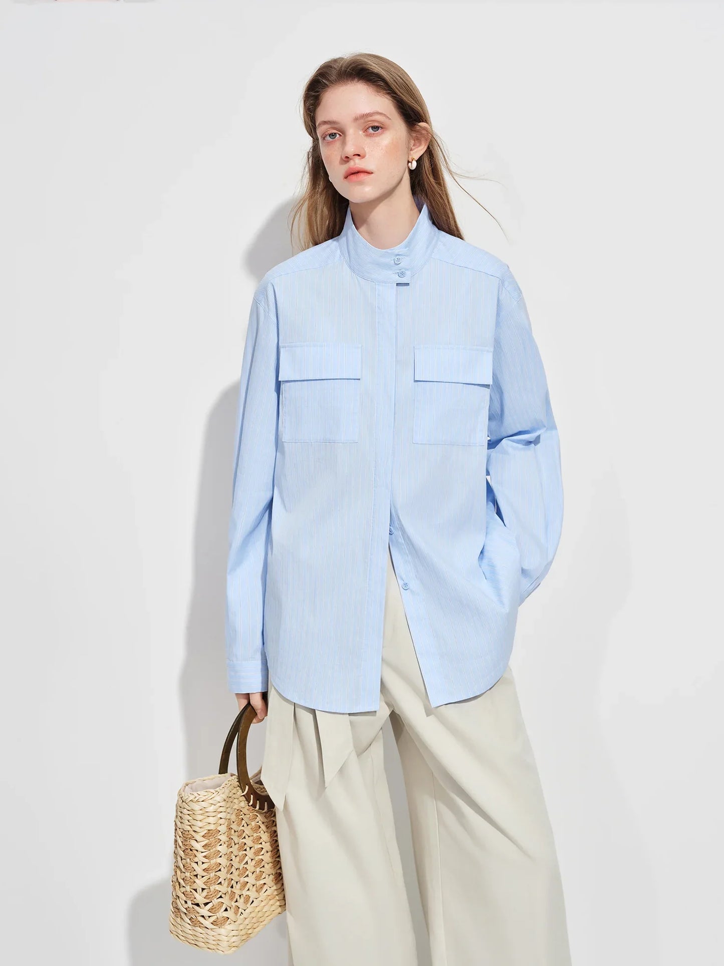 2026 Spring Women's Relaxed Fit Stand Collar Shirt Soft Touch Oversized Blouse White Blue Healing Commute Minimalist Style