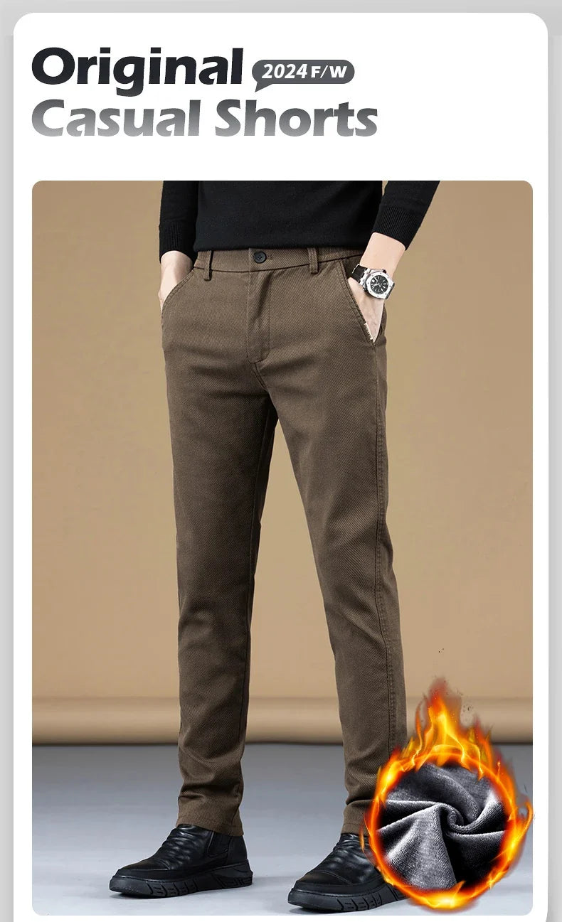Stretch Fleece Casual Pants Men Korean Thickened Straight Thermal Velvet Pants Male Winter Business Soft Slim Fit Trousers