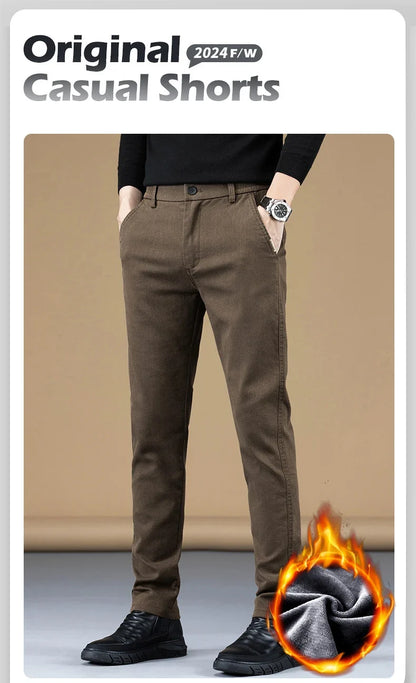 Stretch Fleece Casual Pants Men Korean Thickened Straight Thermal Velvet Pants Male Winter Business Soft Slim Fit Trousers