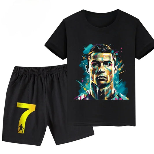 Summer Ronaldo Printed Children's Set Short-sleeved Shorts Suit Sports Kid T-shirt 2-piece Set Street Fashion Boys Baby Clothing
