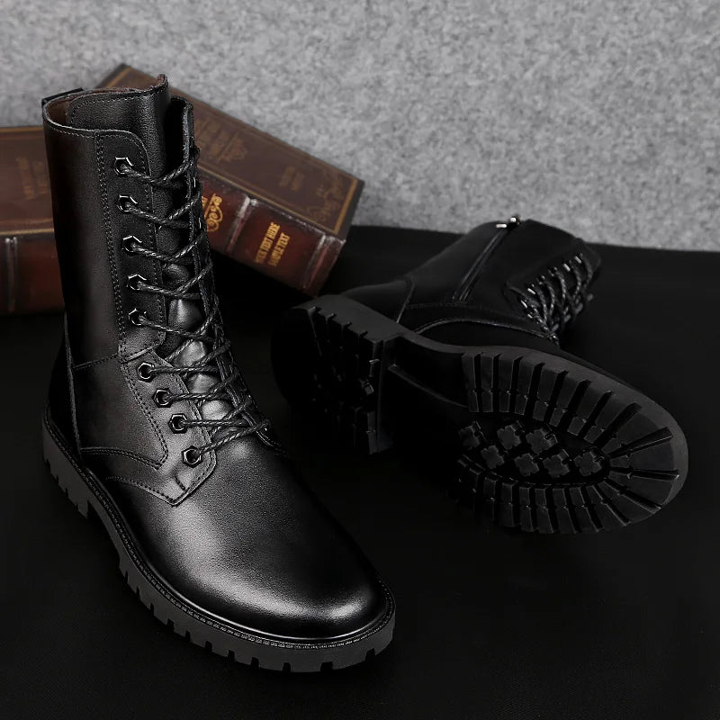 Fashion High Quality Business Boots Mens Winter Genuine Leather Outdoor Motorcycle Boots Male Lace-up Men's High Top Sneakers