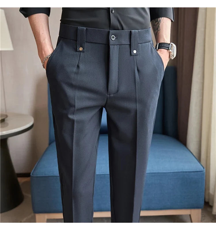 Mens Suit Pants 2026 Spring New British Style Elastic Waist Solid Casual Formal Dress Pants Slim Fit Trousers for Men Clothing