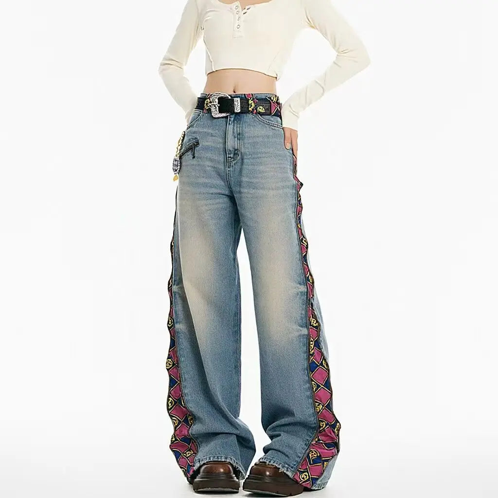 American Sle Zipper Plaid Printed Patchwork Loose Jeans For Men And Women Fashion High Waist Casual Vintage Straight Jeans