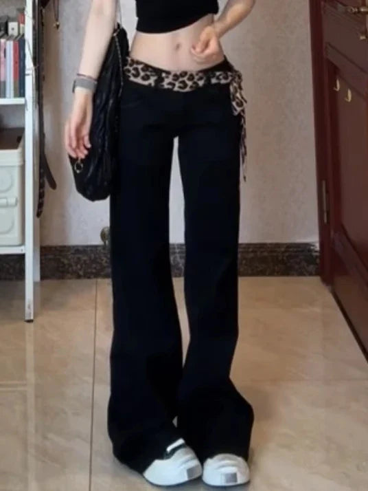 Women  Dark Academia Korean Slim Harajuku Y2K Low Rise Denim Flare Pants 2000s Kpop Bell-Bottom Long Trousers Abi Black Jean