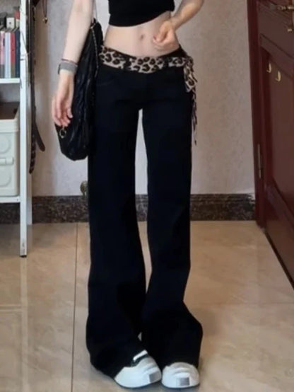 Women  Dark Academia Korean Slim Harajuku Y2K Low Rise Denim Flare Pants 2000s Kpop Bell-Bottom Long Trousers Abi Black Jean