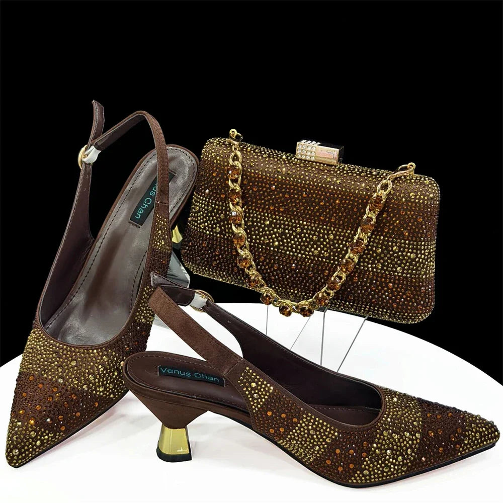 High Heels Shoes for Women Embroidery Rhinestone Italian Design Gold Color Pointed Toe Shoes and Bags Set Fashio