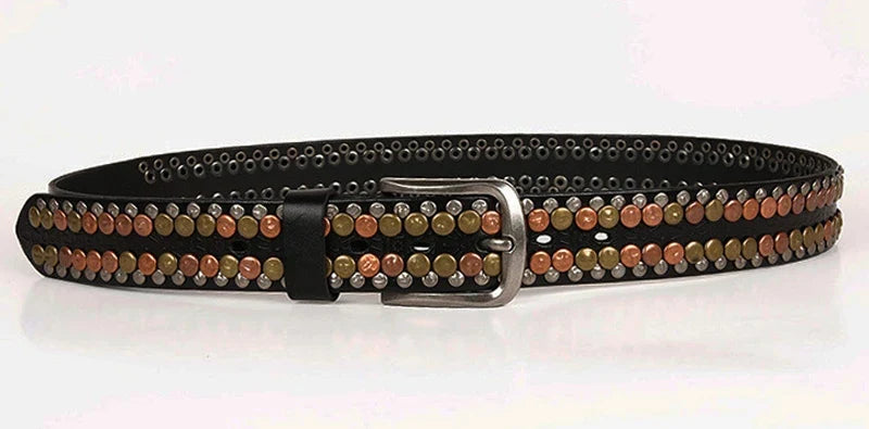 3.8CM  Hip Hop Punk Style Men Belt Round Rivet Real Genuine Cowskin Leather Strap Male Cowboy Studded Belts Rock Waistband
