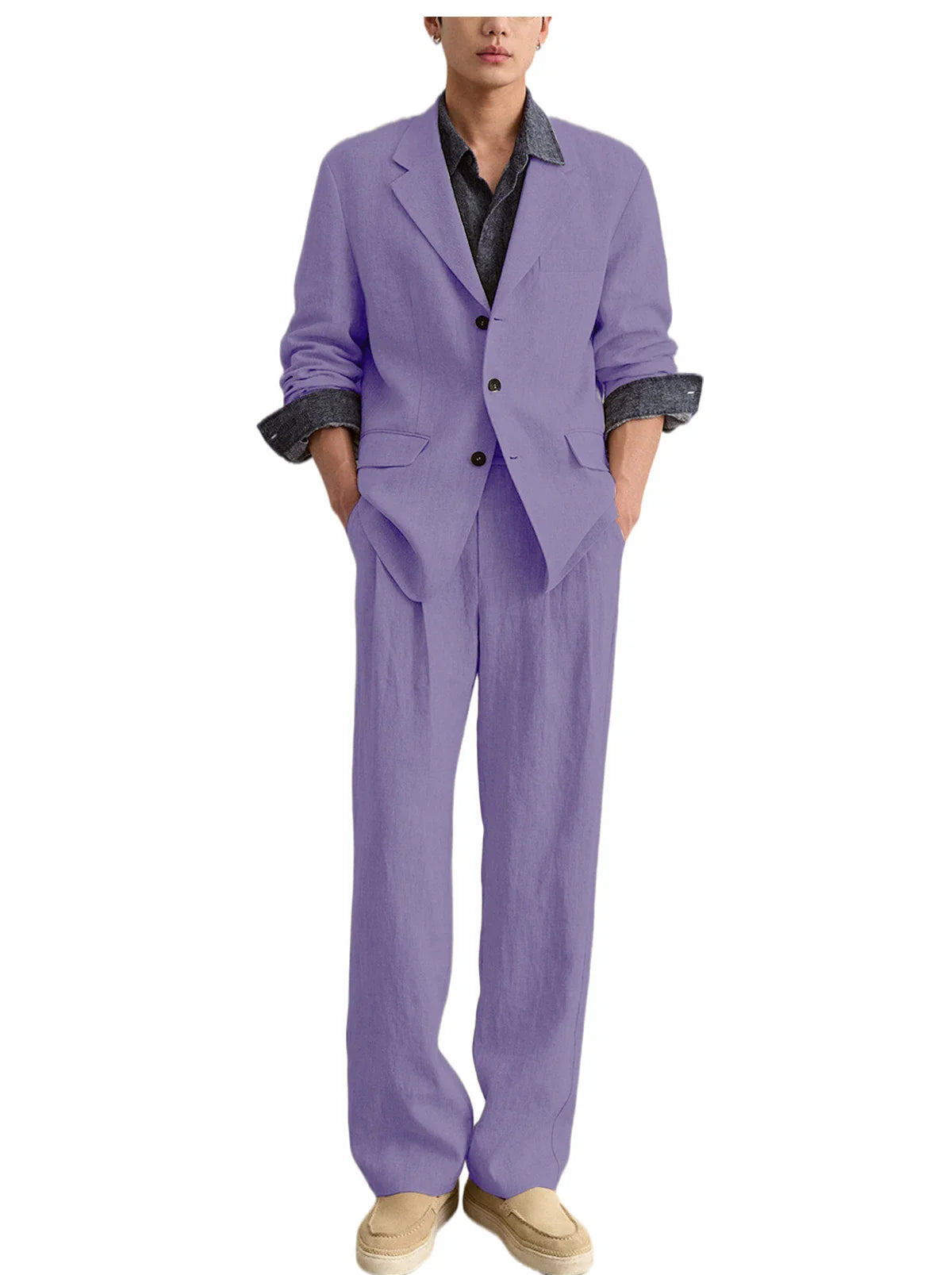 Men's Linen 2 Piece Set Notched Lapel Loose Fit Blazer Wide Leg Trousers Lightweight Breathable Spring Business Casual DailyWear