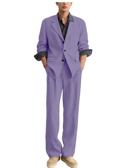 Men's Linen 2 Piece Set Notched Lapel Loose Fit Blazer Wide Leg Trousers Lightweight Breathable Spring Business Casual DailyWear