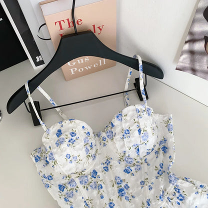 French Corset Print Beach Tank Top Female Strap Irregular Slim Hotsweet Camis Streetwear Vacation Bohe Sexy MIni Top