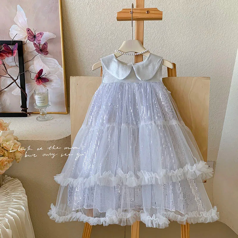 Sweet Baby Girls High-end 2026 New Summer Mesh Princess Sundress Kids Exquisite Sequin Doll Collar Tulle Ruffle Cake Formal Gown