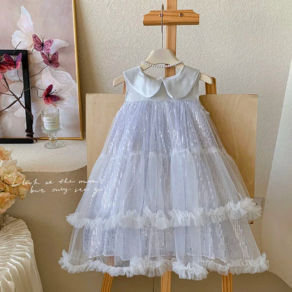 Sweet Baby Girls High-end 2026 New Summer Mesh Princess Sundress Kids Exquisite Sequin Doll Collar Tulle Ruffle Cake Formal Gown
