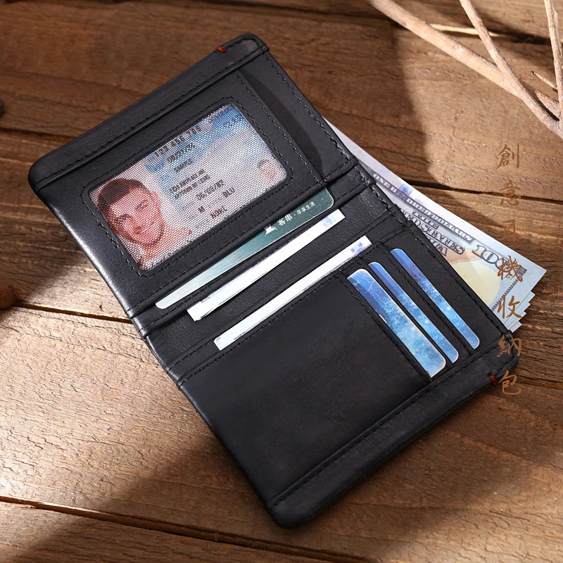 Portefeuille en cuir de vachette couche supérieure Portefeuille en cuir véritable souple Porte-cartes de crédit pour hommes Sac à main de luxe Noir Élégant Simple Portefeuilles pour hommes