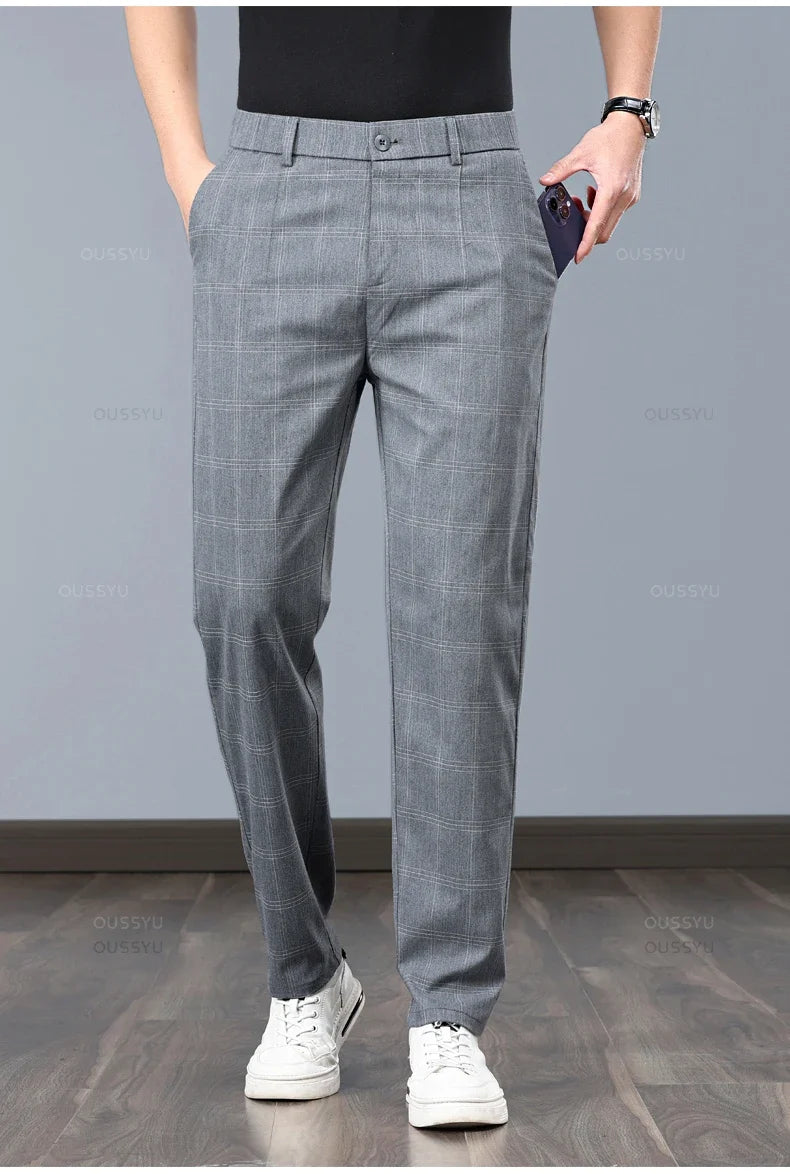 Summer High-Quality Classics Plaid Work Stretch Thin Pants Men Business Fashion Grey Black Party Casual Formal Trousers Male 38