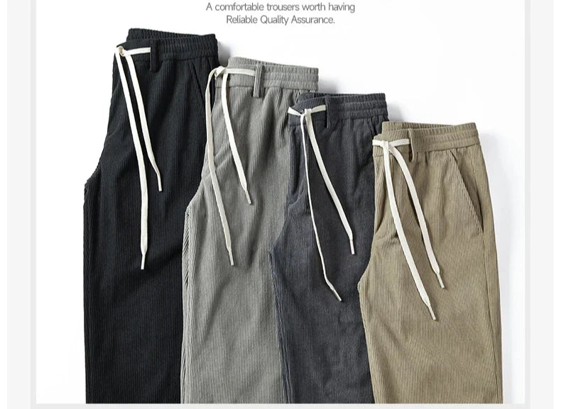 Straight Corduroy Classic Male Pants Khaki Black Gray Baggy Fashion Elastic Waist Trousers Soft Stretchy Casual Men's Clothing