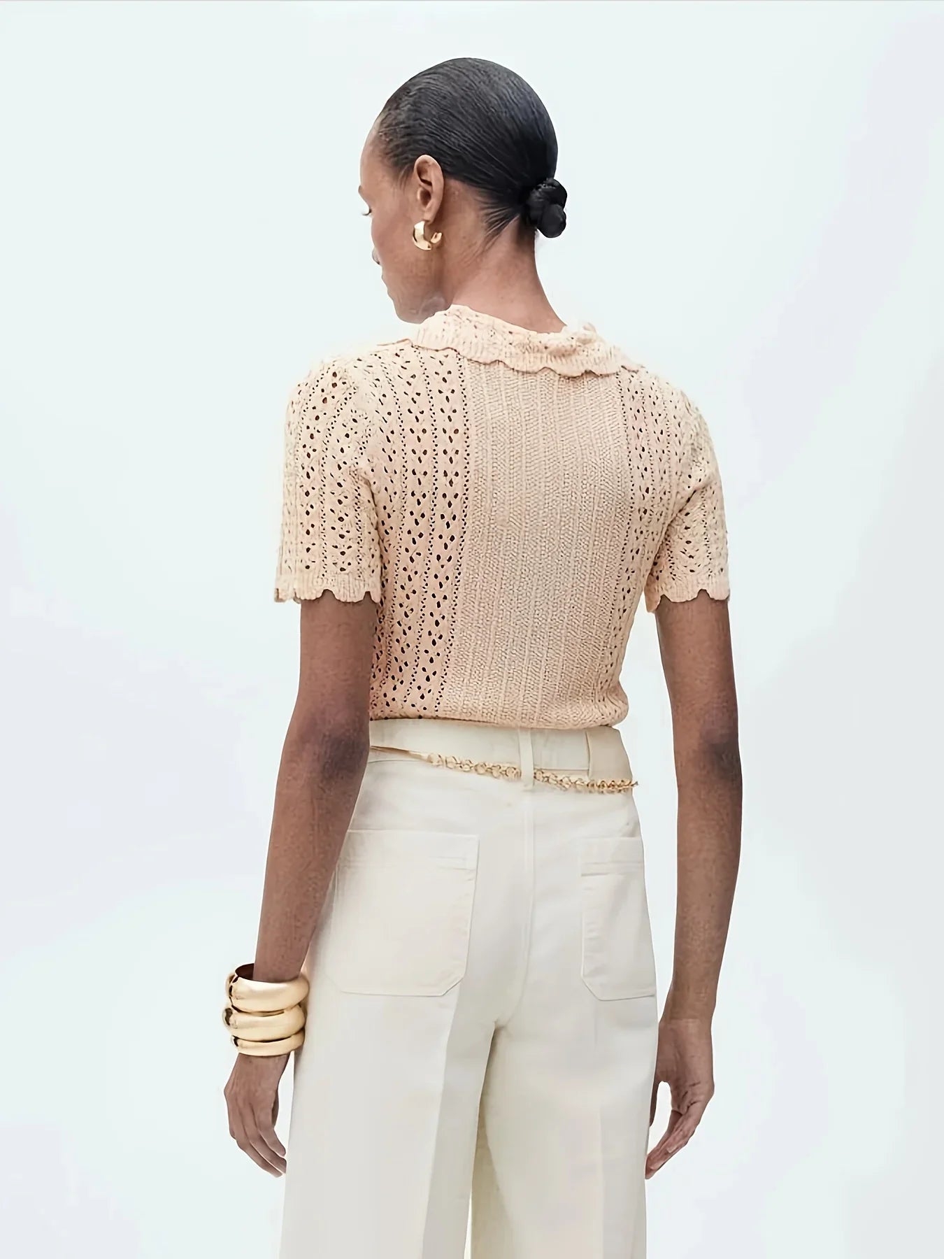 Women's short-sleeved button-down slim-fit pullover sweater with polo collar and Peter Pan collar, new spring/summer top.