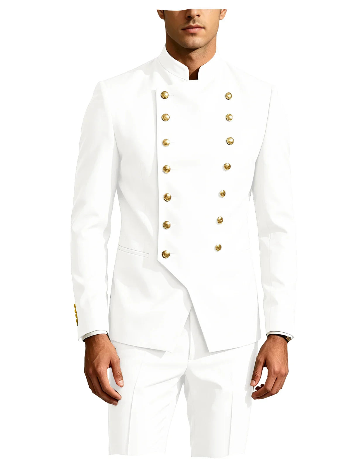 Men's Double Breasted Stand Collor Suit 2 Pieces Blazer Pants Set Slim Fit Business Casual Suit Jacket Formal Wedding Tuxedo