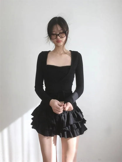 Y2k Lolita Mini Cake Skirt Soft Girl low Waist Ruffle Fluffy Fairy Skirts Summer Kawaii Cute Elegant Short Skirt Black