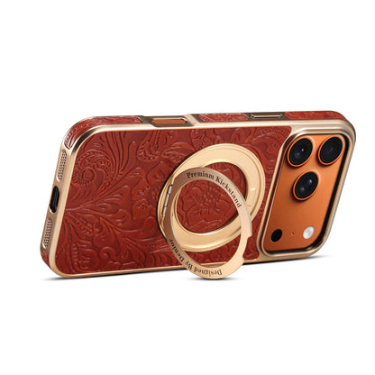 Denior is suitable for iPhone 17/16/15/14/13 Air Pro Max retro printed genuine leather 360 ° rotating bracket phone case
