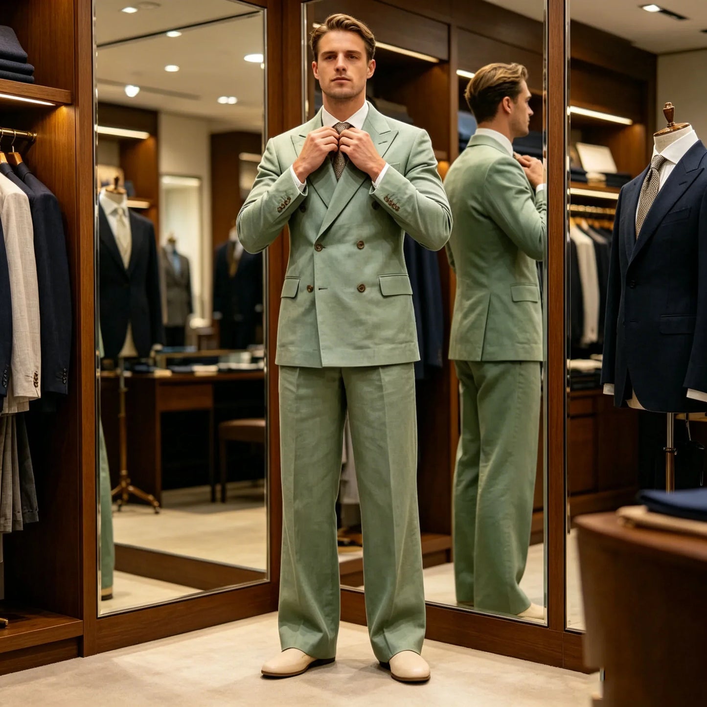Men‘s Sage Green Linen Suit 2 Piece Double Breasted Peak Lapel Blazer Straight Leg Pants Casual Set For summer wedding Groom New