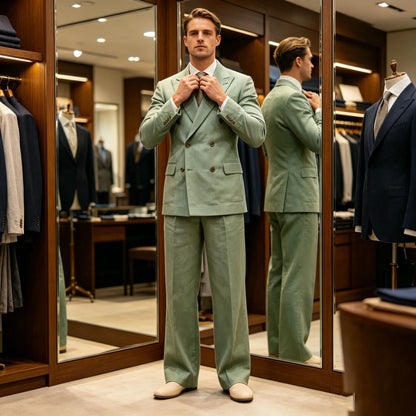 Men‘s Sage Green Linen Suit 2 Piece Double Breasted Peak Lapel Blazer Straight Leg Pants Casual Set For summer wedding Groom New