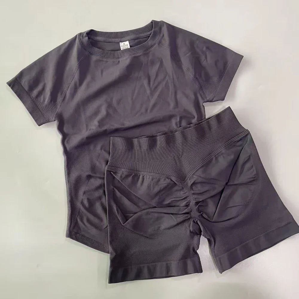 2 Piece Sets Women Outfit Longline Short Sleeve Gym Crop Top High Waist Workout Shorts Sports Suit Fitness Clothes Yoga Set