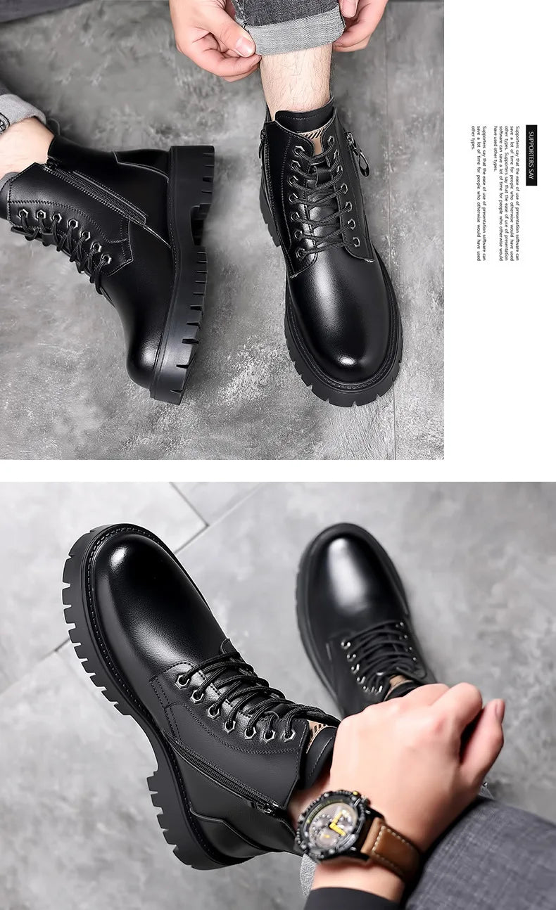 Winter thick soled Men's boots Outdoor waterproof laceup genuine leather boots male Comfortable warm leather shoes Botas Zapatos
