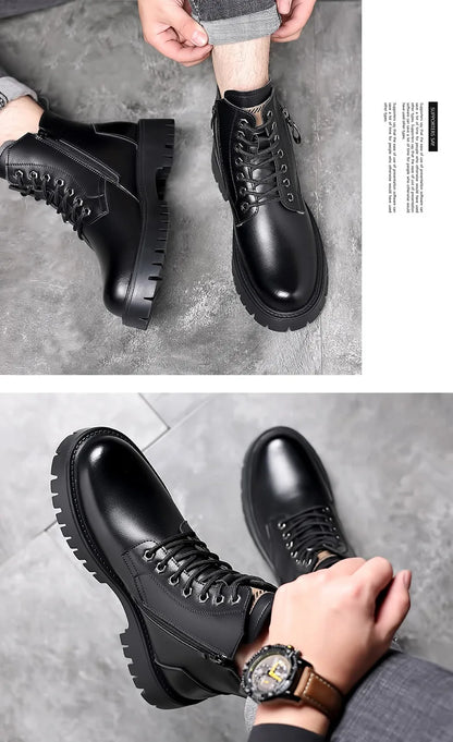 Winter thick soled Men's boots Outdoor waterproof laceup genuine leather boots male Comfortable warm leather shoes Botas Zapatos