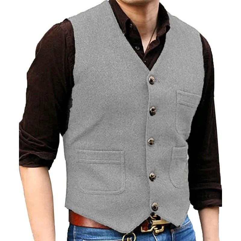 Men Vest Dark Green Herringbone Single Button V Neck With Pocket Waistcoat For Wedding Banquet Business Casual Work Men Suit