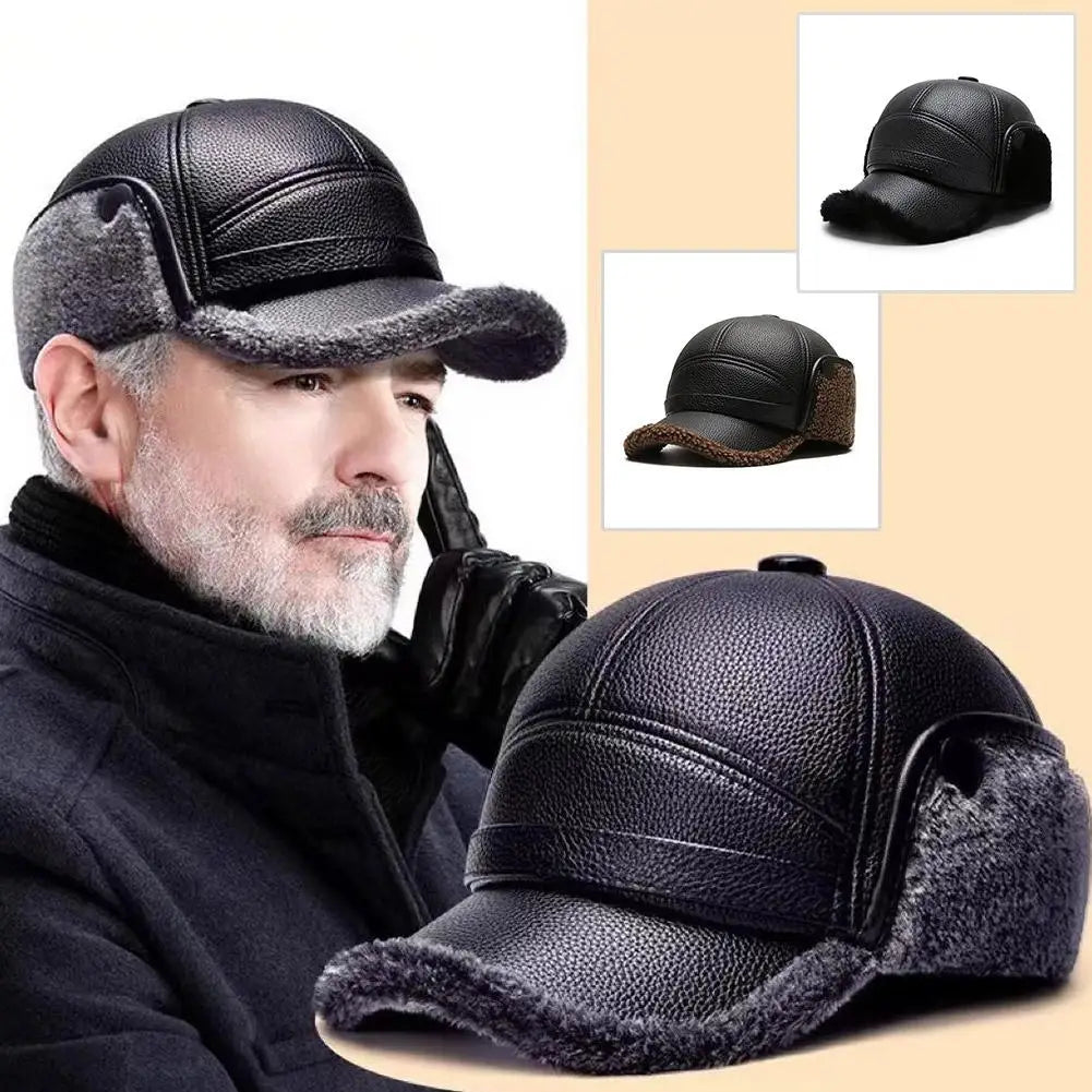 Winter Baseball Cap Men PU Leather Bomber Caps Middle Elderly Dad Hat With Earflaps Thicker Warm Windproof Tongue Hat Keep Warm