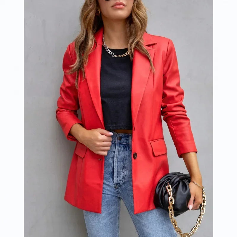 Elegant Chic Jacket Office Lady Long Sleeve Lapel Collar Single Breasted Pocket Coat Outwear 2025 Women PU Leather Suit Blazer