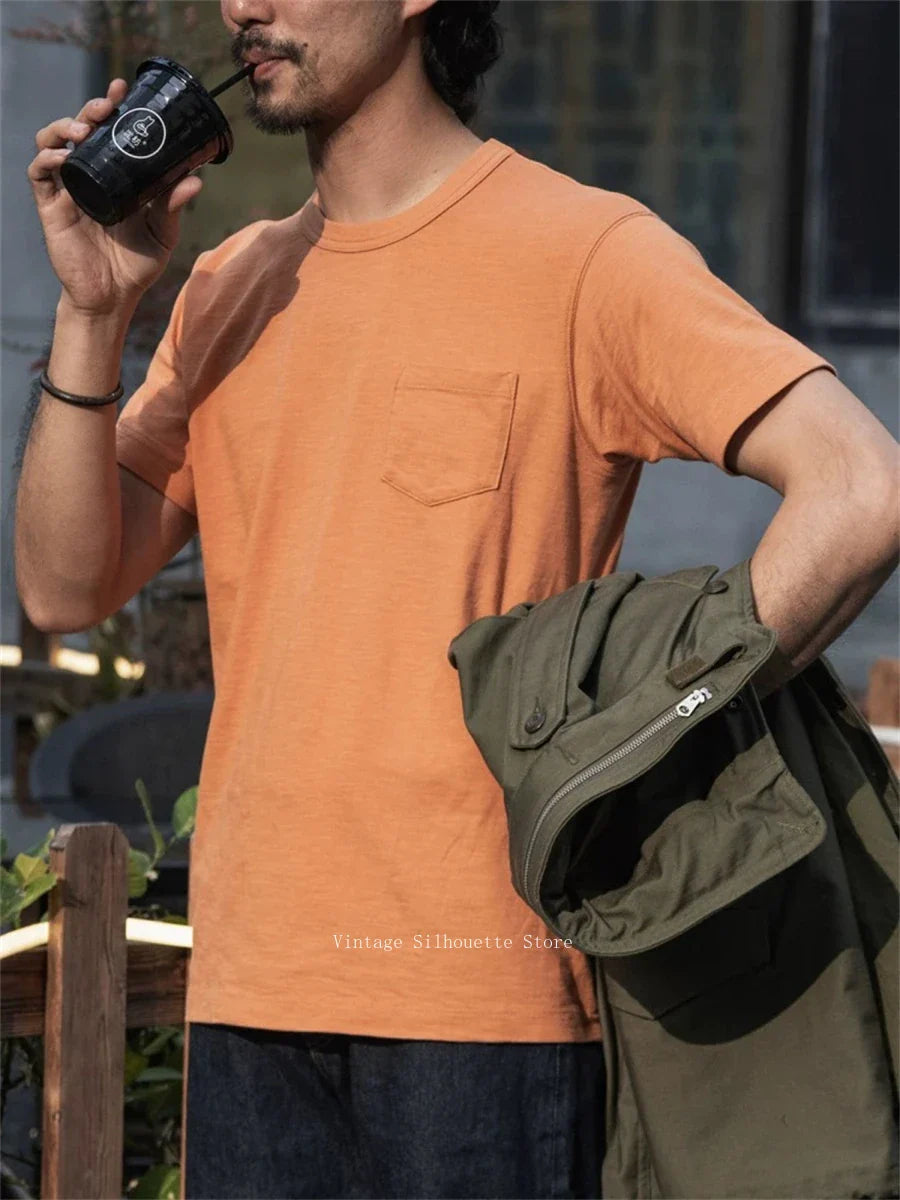 Rugged Bronson Loopwheel Tubular Pocket T-Shirt 220g Slub Cotton Men's Seamless Side Tee Short Sleeve