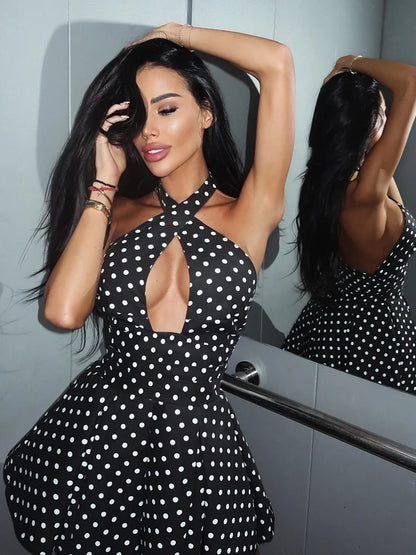 Hollow Out Backless Halter Lace-up Outfits Sheath Women Dresses A-Line Fashion Dot Prints Elegant Female Bodycon Sexy