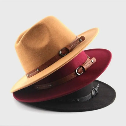 With Belt Buckle Felt Fedora Hats Fashion Vintage Wide Brim Panama Cap Soft Elegant Cowboy Cap Men Women