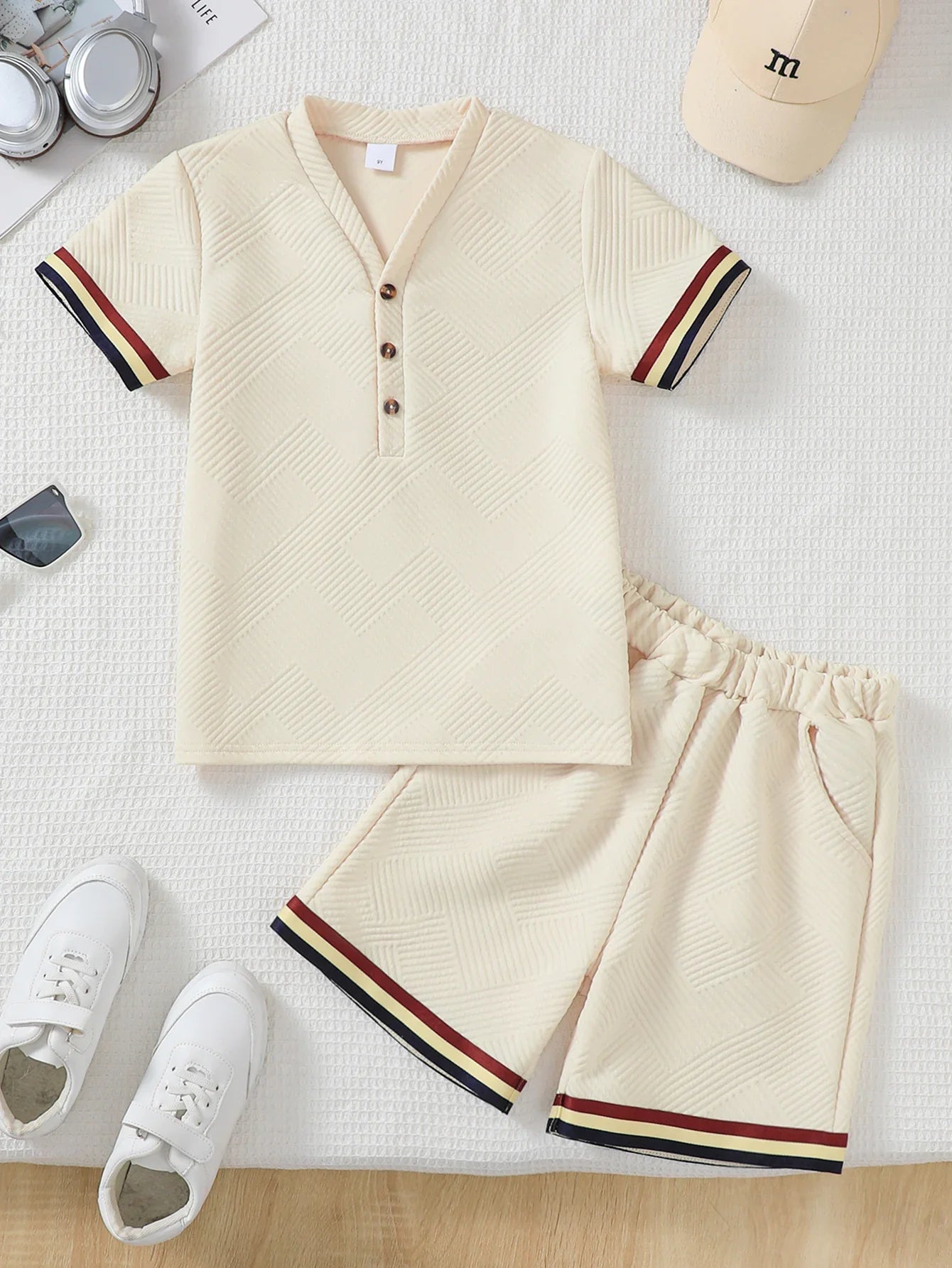Boys Big Kids Casual Striped Short Sleeve Shorts Set Summer Fashionable Comfortable Versatile Outdoor Scene Suitable Outfit