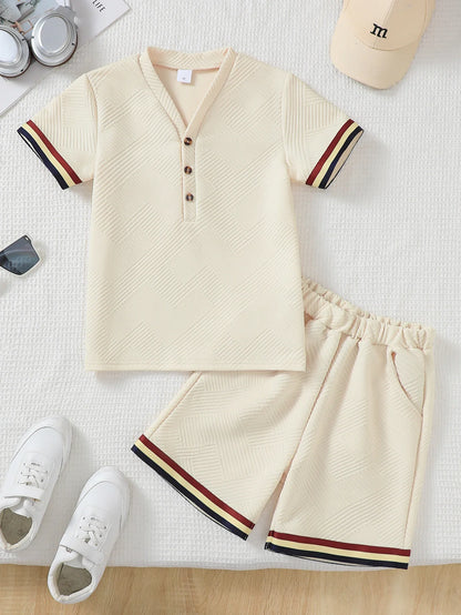Boys Big Kids Casual Striped Short Sleeve Shorts Set Summer Fashionable Comfortable Versatile Outdoor Scene Suitable Outfit