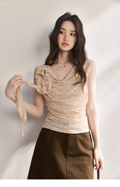 French Floral Lace Swing Neck Shirt For Women 2026 Summer New Pleated 3D Floral Ribbon Hazy Elegant Slim Top MXF24X2617