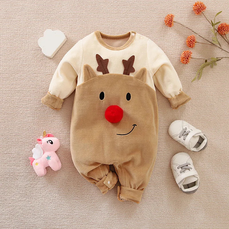 Prowow 0-18M Baby Christmas Costume Cartoon Deer Jumpsuit With Santa Hat Christmas Baby Romper For Newborn New Year Costume