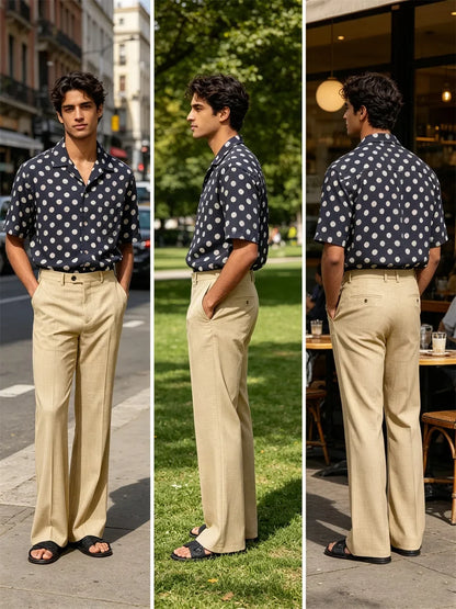Men's High Waist Flared Pants Linen Blend Slim Fit Bell Bottoms Trousers Lightweight Breathable 70s 60s Disco Vintage Outfits