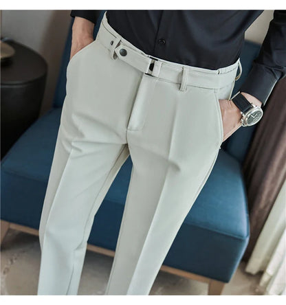 Fashion Belt Decoration Design Men's Suit Pants High Quality Business Slim Fit Casual Straight Formal Wedding Party Trousers