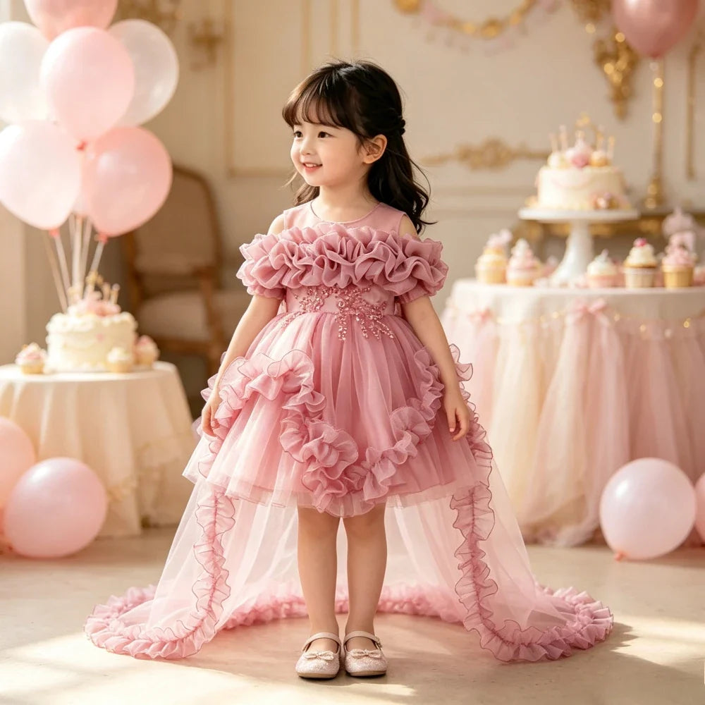 Fashion Flower Girl Dresses for Weddings Lace Mesh Sleeveless Pageant Princess Ball Gown Summer Kids Birthday Dress 1-7 Years