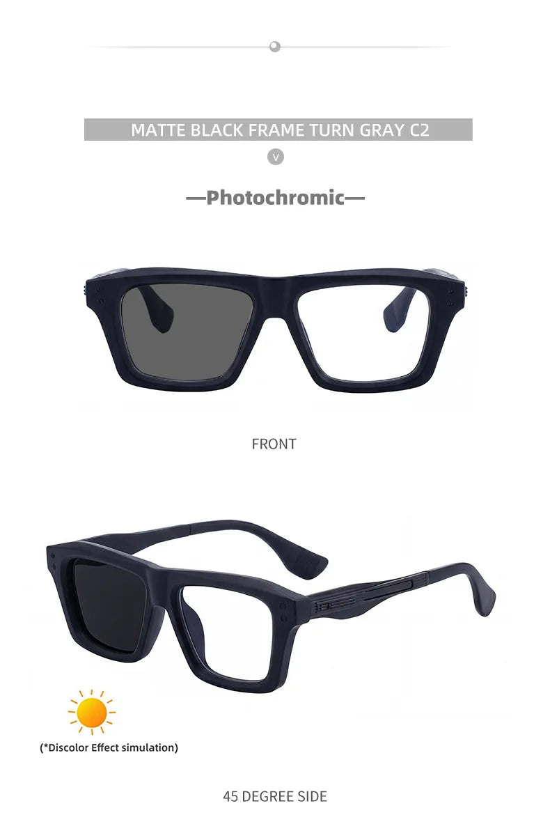 2026 New European and American Fashion Square Frame Photochromic Sunglasses for Men, Retro and Unique Outdoor Driving Sunglasses