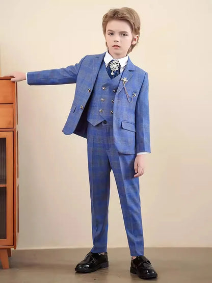 Children Red Jacket Vest Pants 3PCS Photograph Suit Boys Wedding Dress Prince Kids Tuxedo Set Teenager Birthday Party Costume