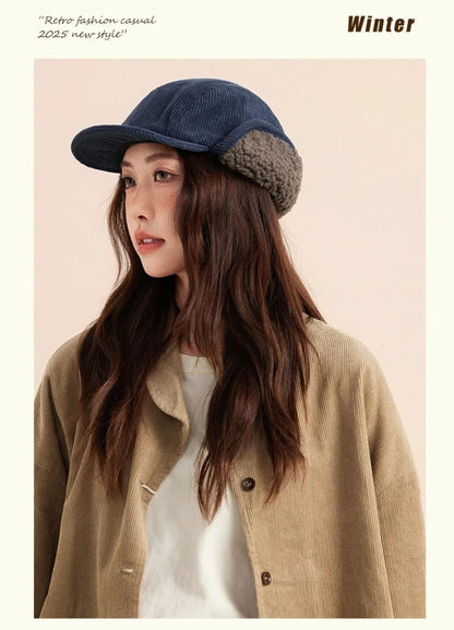 Versatile Retro Bomber Hats Fleece-Lined Warm Corduroy Caps Windproof Earflap Lei Feng Caps Autumn Winter Men Women Wear