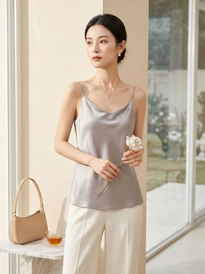 Double-Layer Silk Camisole for Women, Mulberry Silk Bandeau, Sexy V-neck Tanks and Camis, Summer Vest, 2025